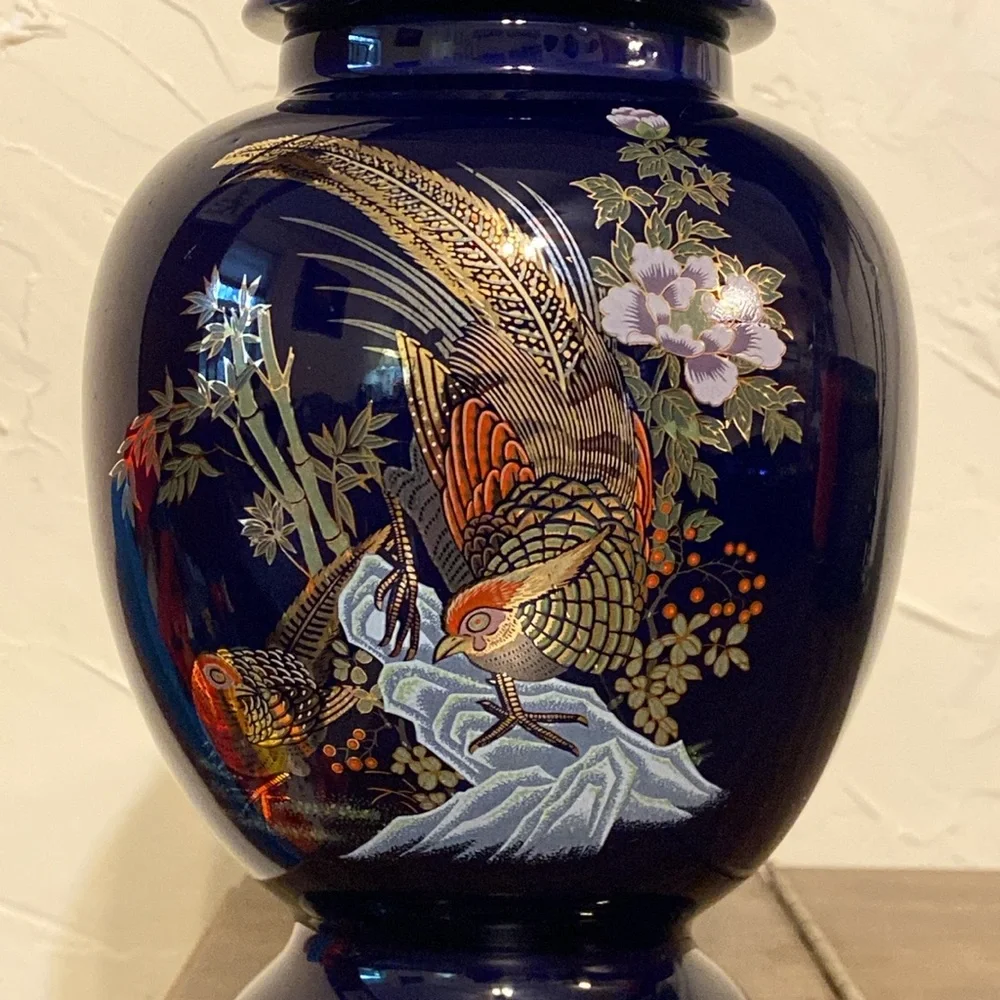 Vintage Japanese Ginger Jar w/ Lid Cobalt Blue with Peacock Bird & Floral 9” - Picture 2 of 15